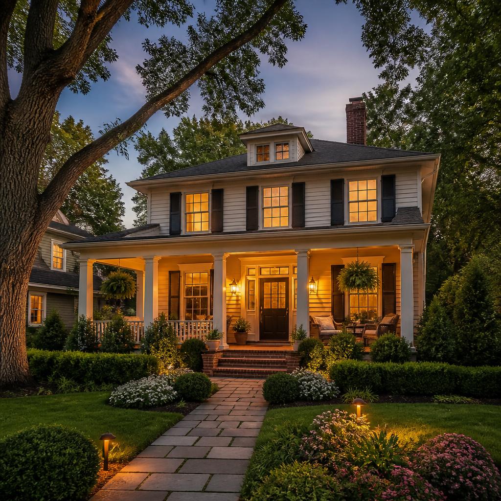 A welcoming two-story home at dusk