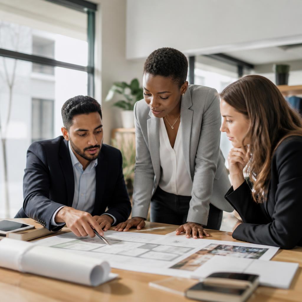 A real estate team reviewing property plans together