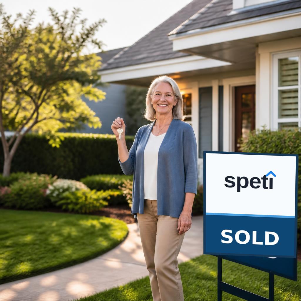 A homeowner holding her keys beside a SPETI SOLD sign