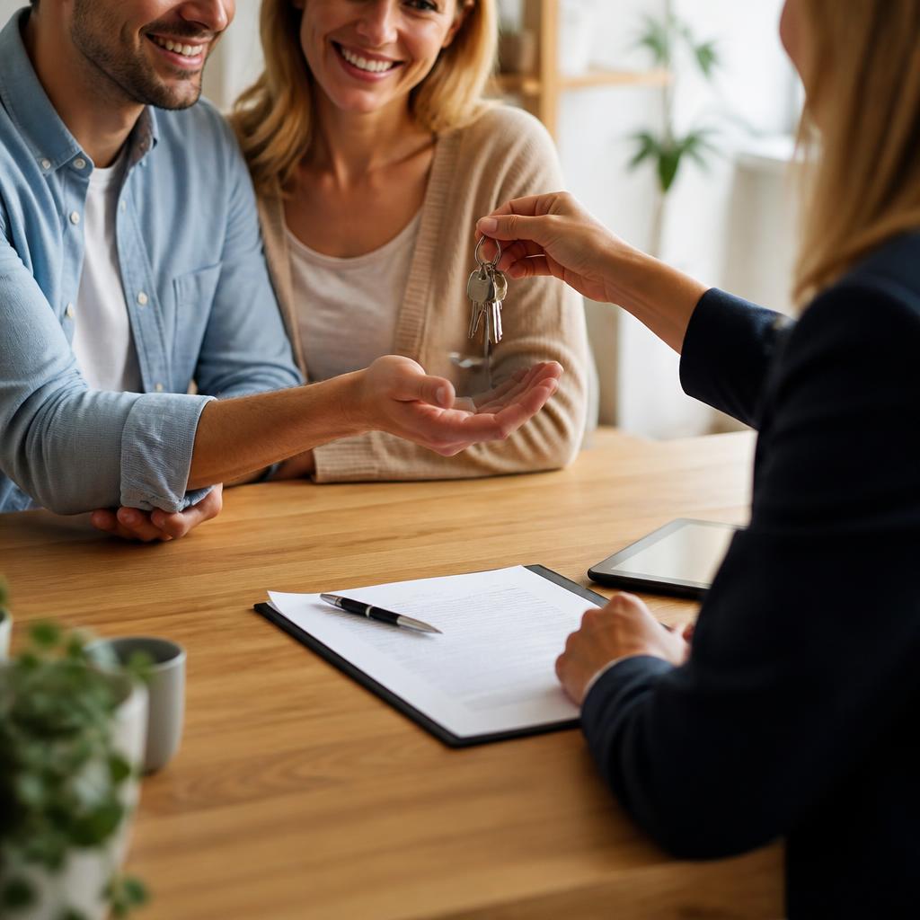 Homeowners receiving keys during a home sale closing