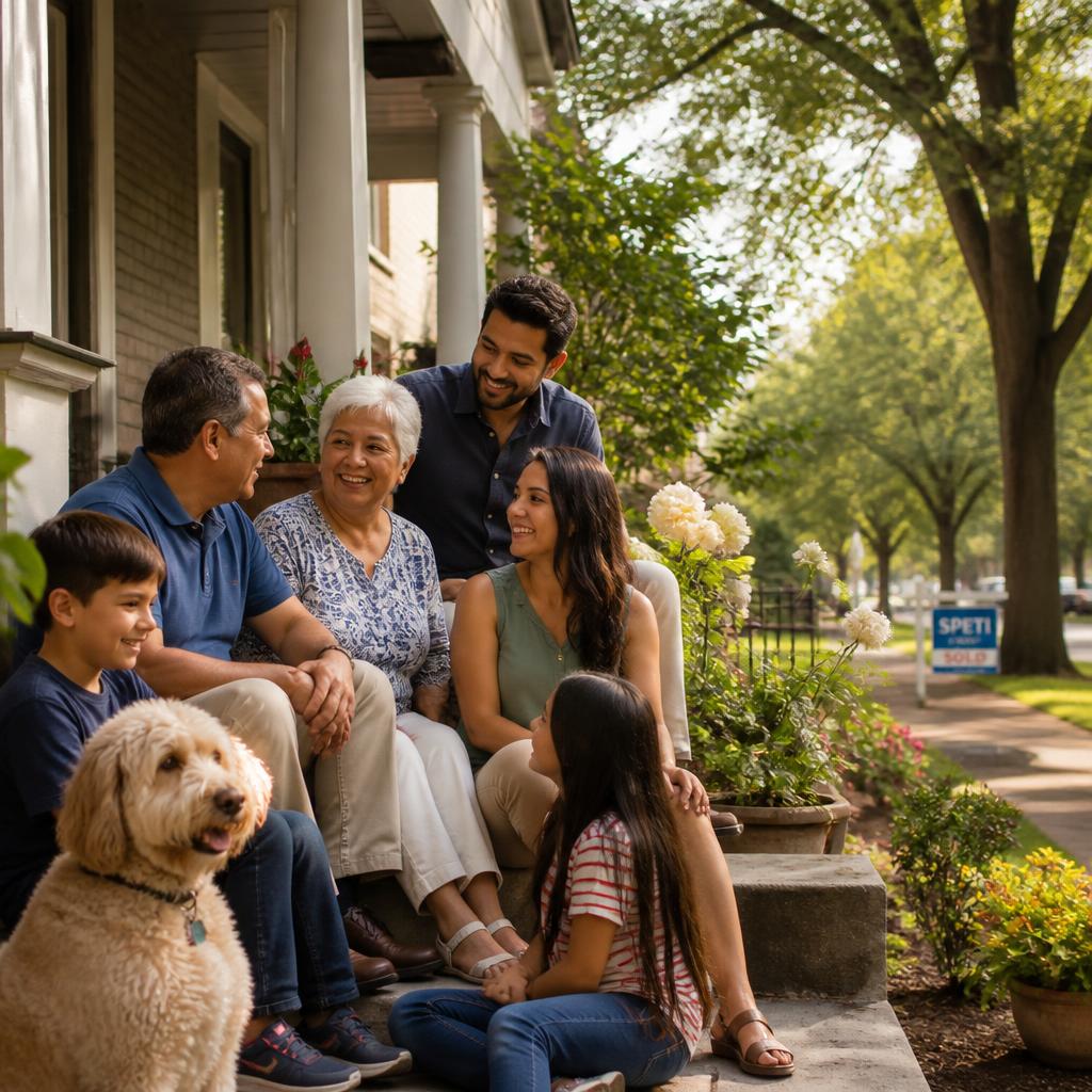 Family gathered together on a front porch