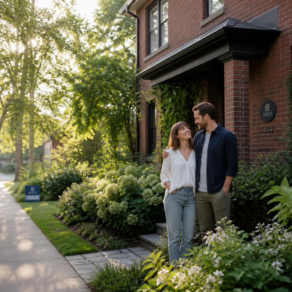 Two homeowners standing together outside a brick home