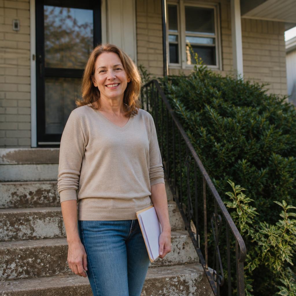 Seller smiling outside her home with property papers