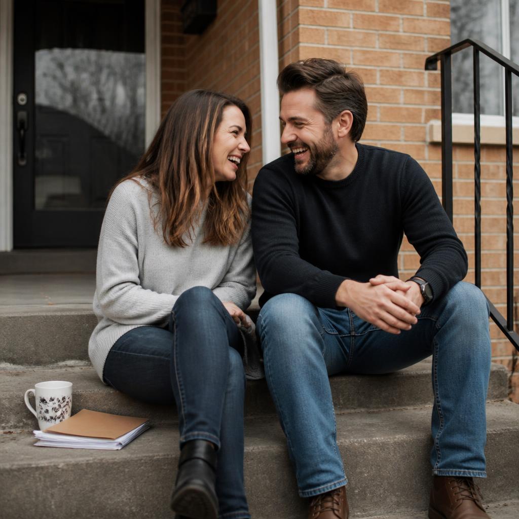 Happy couple sitting together outside their home