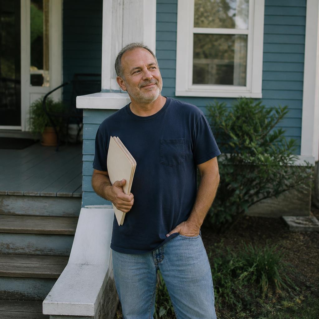 Seller smiling outside his home with closing papers